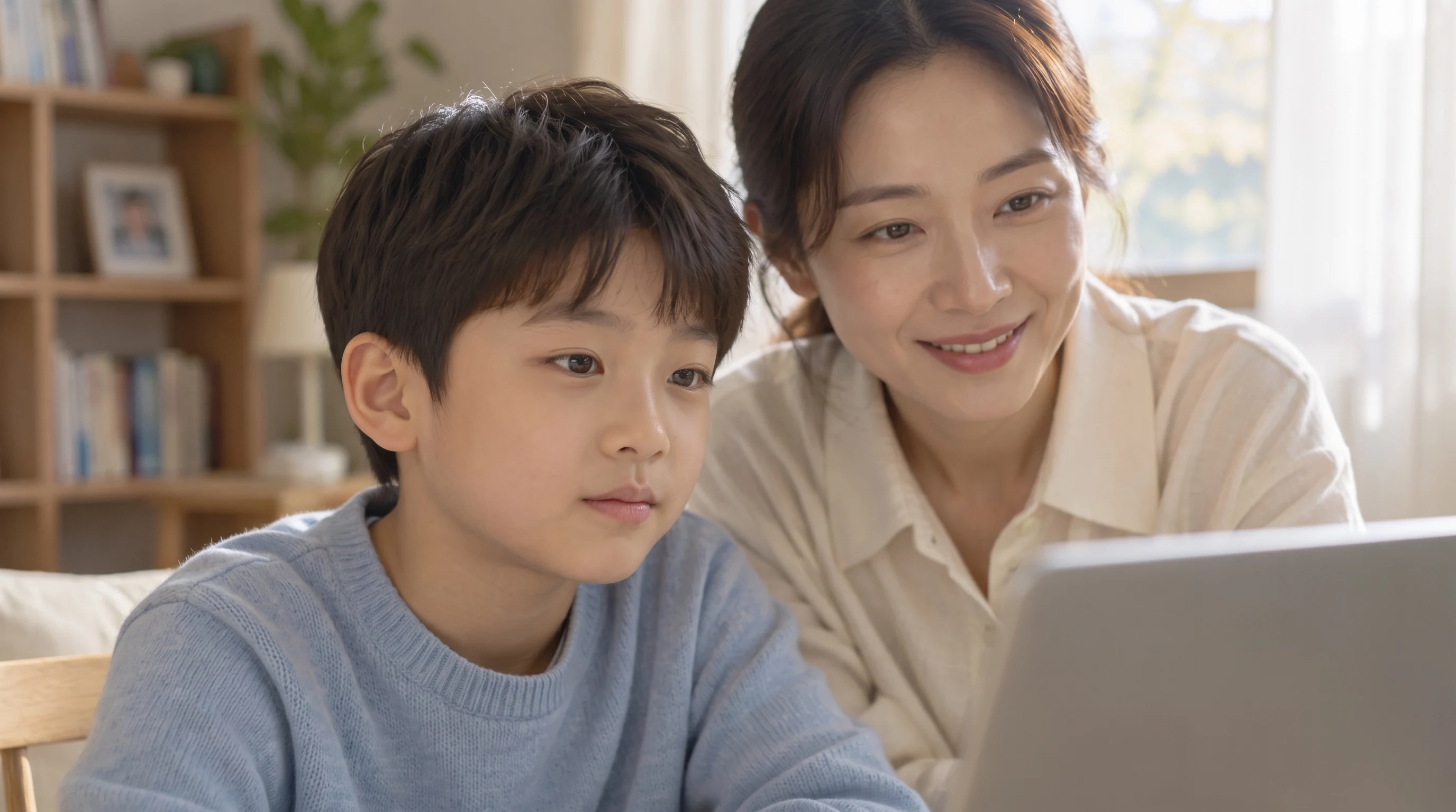 노트북 화면을 집중해서 바라보는 학생의 얼굴