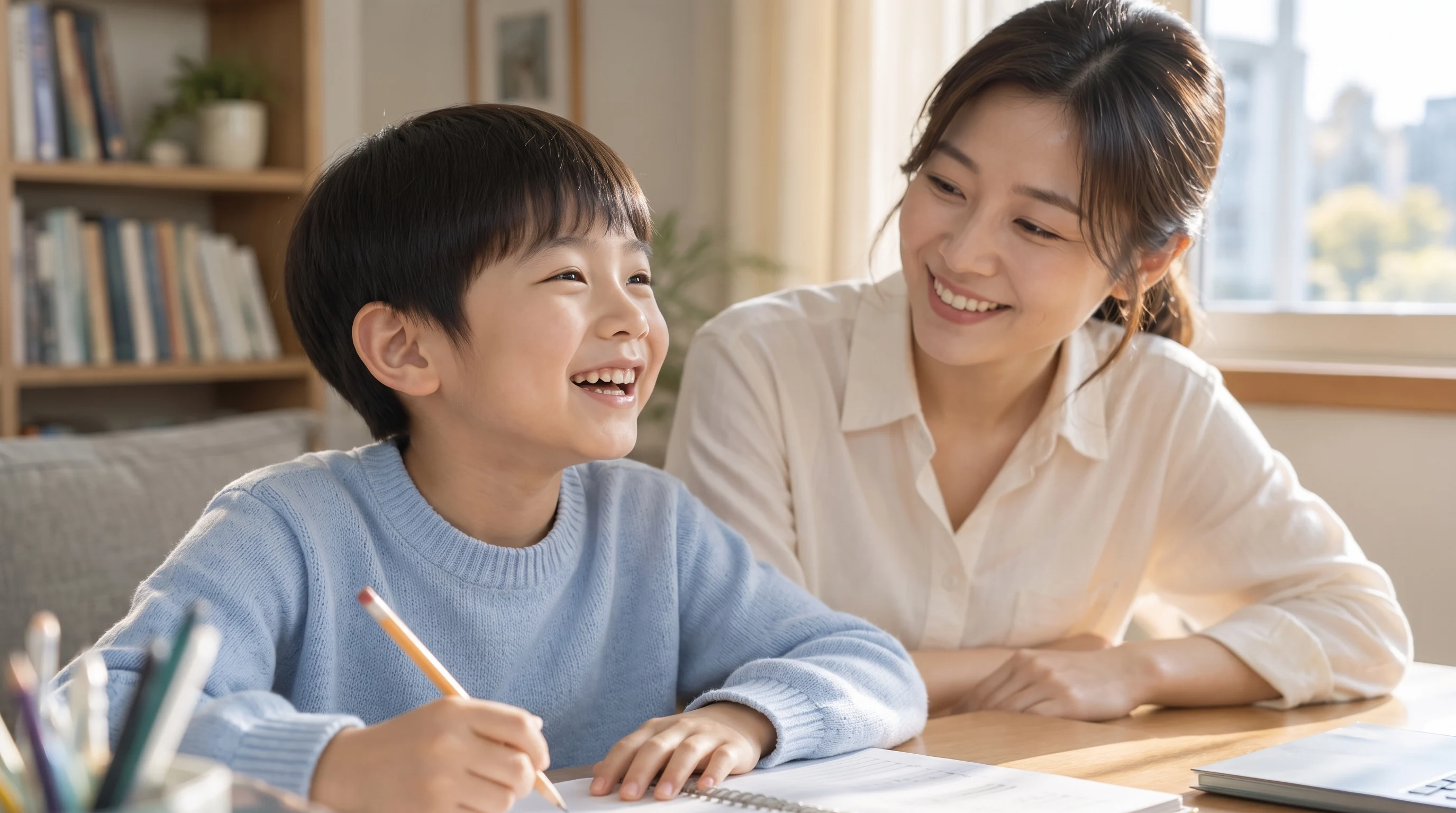 온라인 수업 활동 중 자연스럽게 웃는 학생