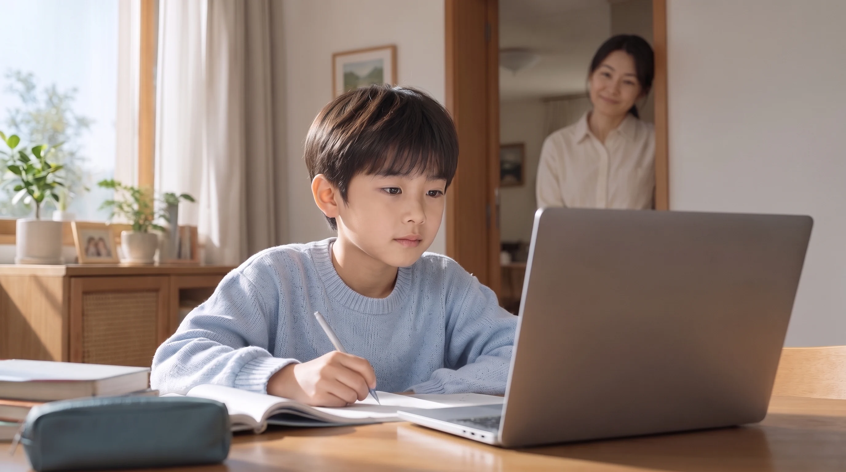 아이가 온라인 수업에 참여하는 모습을 뒤에서 편안하게 바라보는 엄마